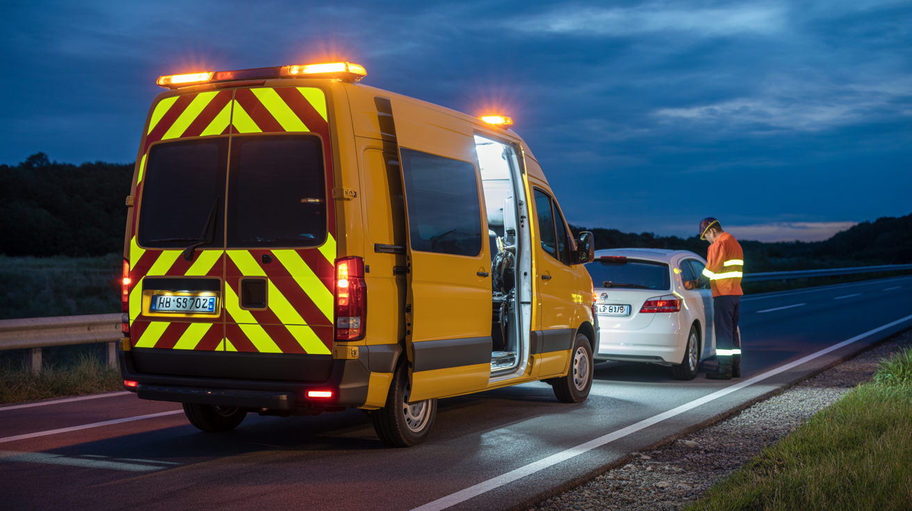 Emergency roadside assistance van with flashing lights at night