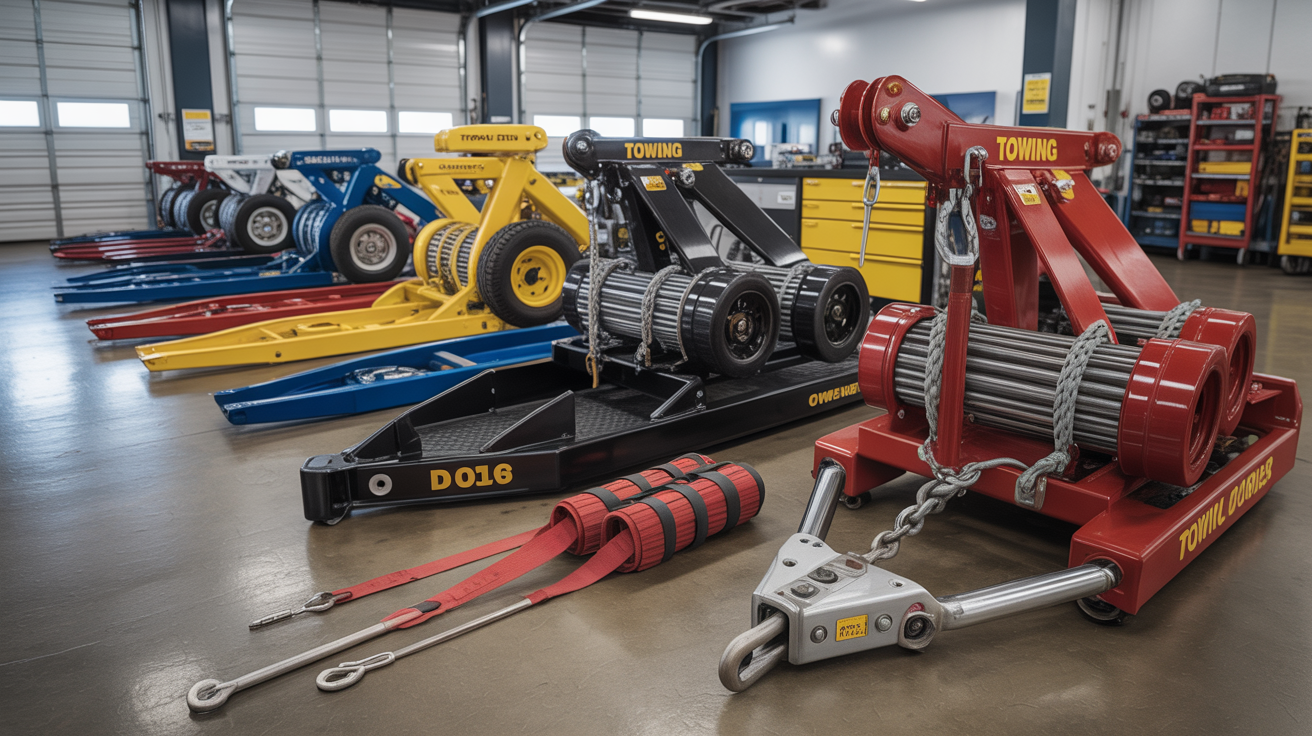 Professional towing equipment display showing winches and tools